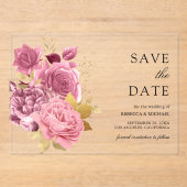 Dusty Mauve Pink Floral Gold Wedding Save the Date Acryl Uitnodigingen (Voorkant)