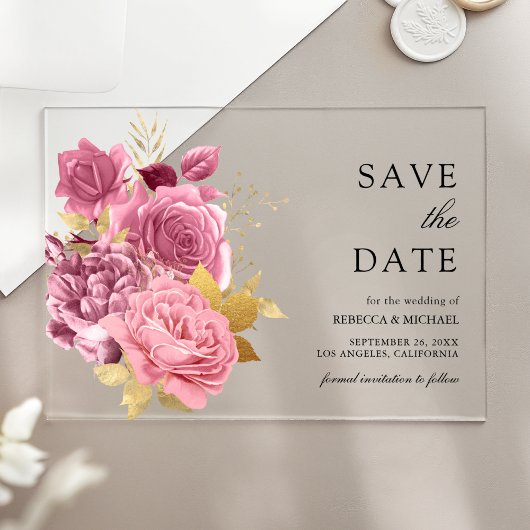 Dusty Mauve Pink Floral Gold Wedding Save the Date Acryl Uitnodigingen