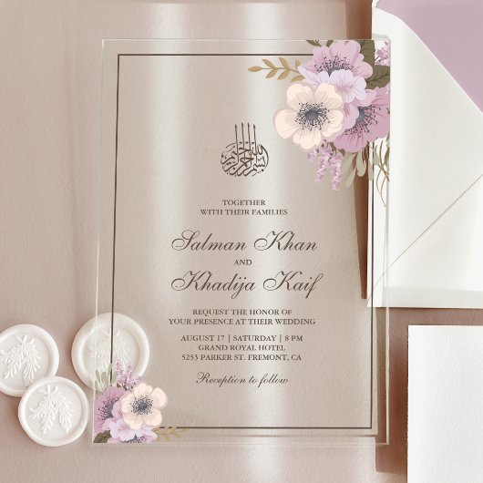 Dusty Mauve Pink Floral Islamic Muslim Wedding Acryl Uitnodigingen
