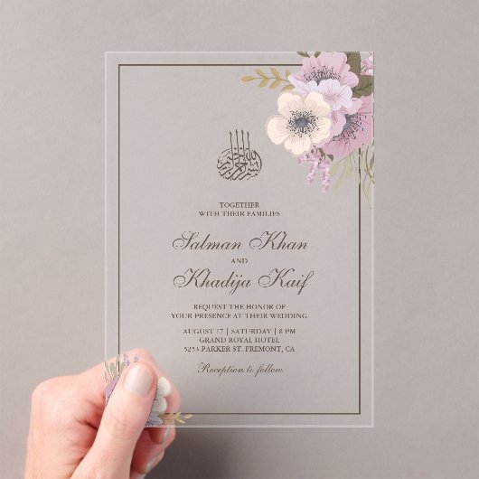 Dusty Mauve Pink Floral Islamic Muslim Wedding Acryl Uitnodigingen (Insitu (Draagbaar))