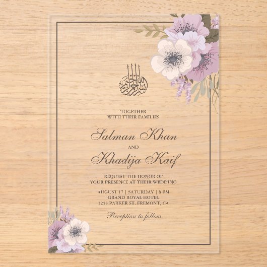 Dusty Mauve Pink Floral Islamic Muslim Wedding Acryl Uitnodigingen (Voorkant)