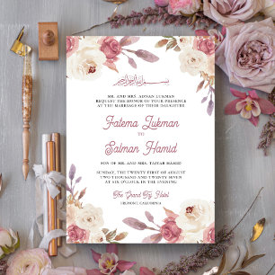 Dusty Mauve Pink Floral Islamic Muslim Wedding Kaart