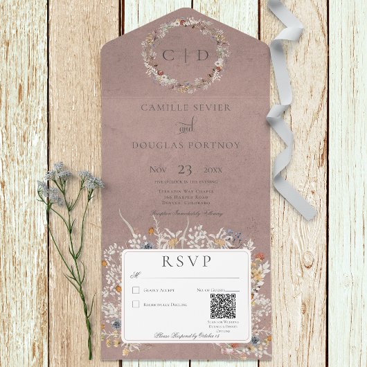 Dusty Mauve  Romantic Wildflower QR Code All In One Uitnodiging