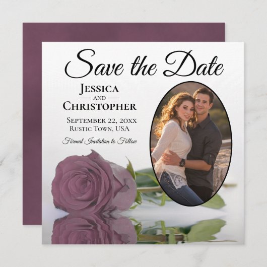 Dusty Mauve Roos op White met Oval Photo Weddensch Save The Date (Voorkant / Achterkant)