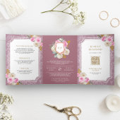 Dusty Mauve Roze Bloemen Alles in Een Kreeft Huwel Drieluik Uitnodiging
