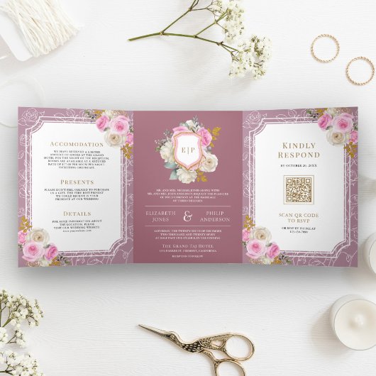 Dusty Mauve Roze Bloemen Alles in Een Kreeft Huwel Drieluik Uitnodiging