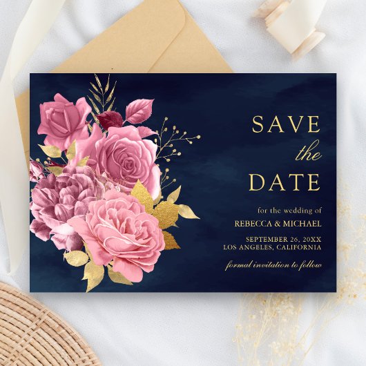 Dusty Mauve Roze Bloemen Goud Marine Blauw Huwelij Save The Date