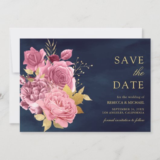 Dusty Mauve Roze Bloemen Goud Marine Blauw Huwelij Save The Date (Voorkant)