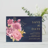Dusty Mauve Roze Bloemen Goud Marine Blauw Huwelij Save The Date (Staand voorkant)