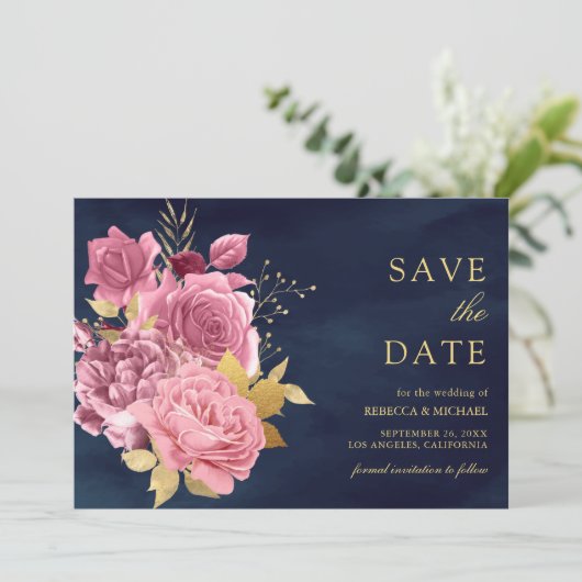 Dusty Mauve Roze Bloemen Goud Marine Blauw Huwelij Save The Date (Staand voorkant)