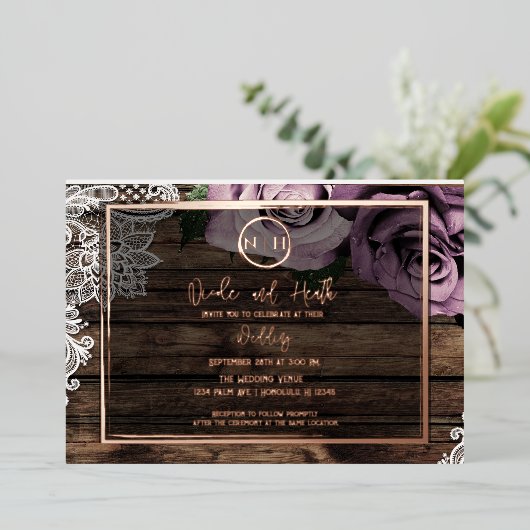 Dusty Mauve Rozen Pink Lace Rustic Wedding Folie Uitnodiging (Staand Voorkant)