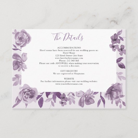 Dusty Mauve Waterverf Floral Wedding Details Informatiekaartje (Voorkant)