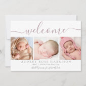 Dusty Mauve Welcome Baby Foto Collage Birth Aankondiging (Voorkant)