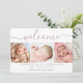 Dusty Mauve Welcome Baby Foto Collage Birth Aankondiging (Staand voorkant)