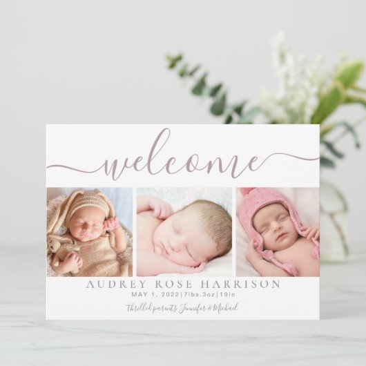 Dusty Mauve Welcome Baby Foto Collage Birth Aankondiging (Staand voorkant)