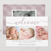 Dusty Mauve Welcome Baby Foto Collage Birth Aankondiging (Voorkant / Achterkant)