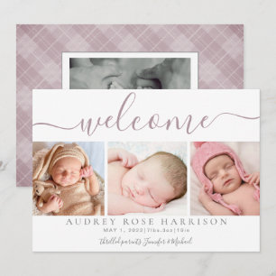 Dusty Mauve Welcome Baby Foto Collage Birth Aankondiging
