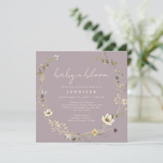 Dusty Mauve Wildflower Baby in bloei Baby shower Kaart (Staand voorkant)