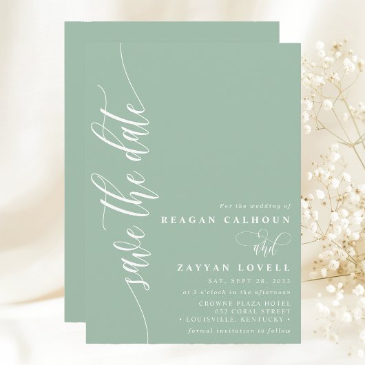 Dusty Mint Eenvoudig Modern Script Sla de datum op Save The Date