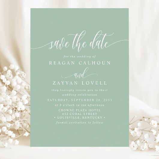 Dusty Mint Elegante kalligrafie Bewaar de datum Save The Date