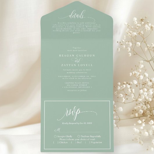 Dusty Mint Groen Eenvoudig Modern Script All In One Uitnodiging