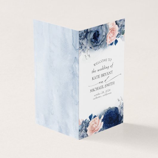 Dusty Navy Blauw Blush Bloemen Trouwprogramma's Kaart (Buitenkant)