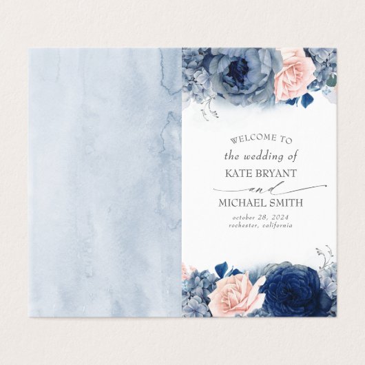 Dusty Navy Blauw Blush Bloemen Trouwprogramma's Kaart (Buitenkant ongevouwen)