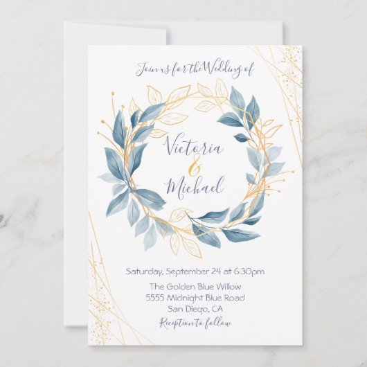 Dusty Navy Blauw & Goud laat huwelijksuitnodiging Kaart (Voorkant)