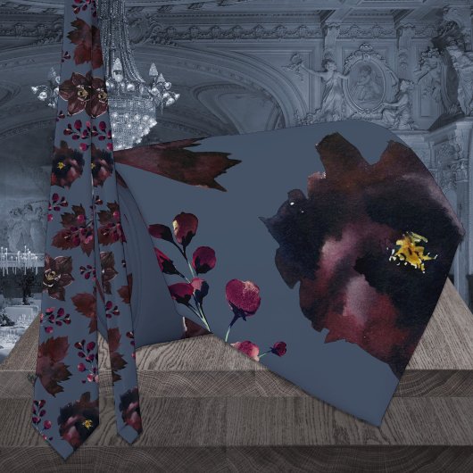 Dusty Navy Blue Burgundy Bordeaux Floral Wedding Stropdas