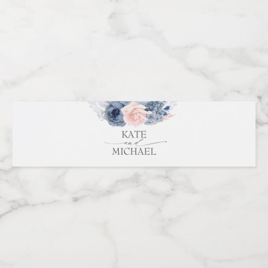 Dusty Navy Blue en Blush Pink Floral Waterfles Etiket (Enkel label)