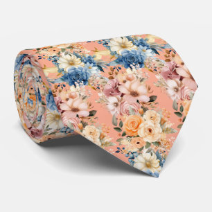 Dusty Navy Blue en Peach Pink Bloemen Bloemen Stropdas