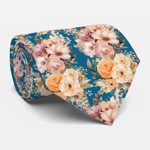 Dusty Navy Blue en Peach Pink Bloemen Bloemen Stropdas