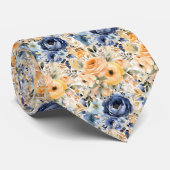 Dusty Navy Blue en Peach Rozen Bloemen Bloemen Stropdas (Opgerold)