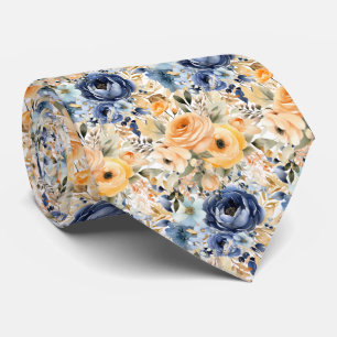 Dusty Navy Blue en Peach Rozen Bloemen Bloemen Stropdas