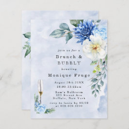 Dusty Navy Blue Floral Brunch & Bubble Invites Kaart