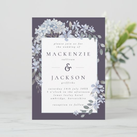Dusty & Navy Blue Floral Lijst Waterverf bruiloft Kaart (Staand voorkant)