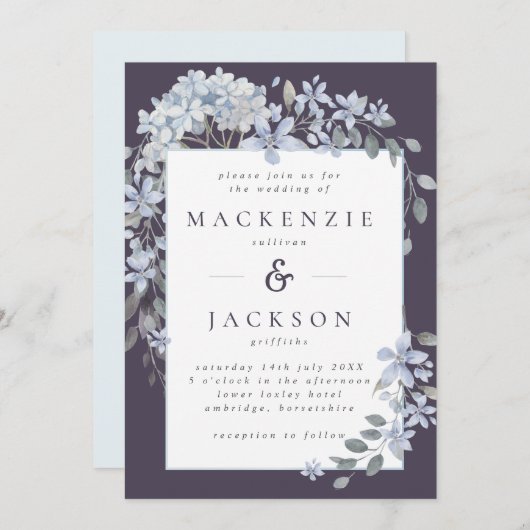 Dusty & Navy Blue Floral Lijst Waterverf bruiloft Kaart (Voorkant / Achterkant)