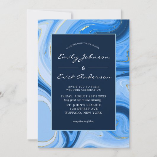 Dusty Navy Blue Gold Agate Waterverf Wedding Kaart (Voorkant)