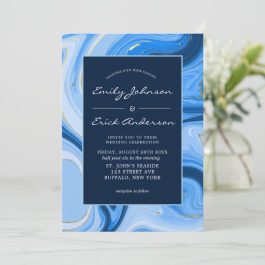 Dusty Navy Blue Gold Agate Waterverf Wedding Kaart (Staand voorkant)