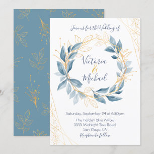Dusty Navy Blue & Gold leaves Wedding-uitnodiging Kaart