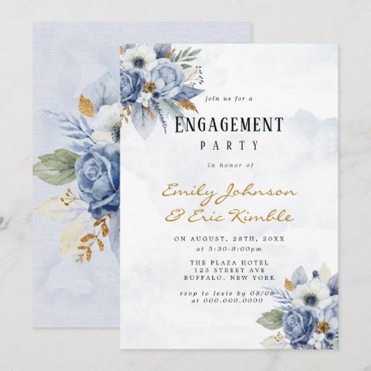 Dusty Navy Blue Gold Peony Engagement Party Invita Kaart (Voorkant / Achterkant)