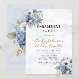 Dusty Navy Blue Gold Peony Engagement Party Invita Kaart