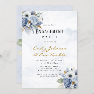 Dusty Navy Blue Gold Peony Engagement Party Invita Kaart