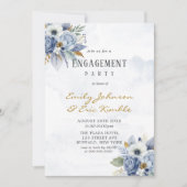 Dusty Navy Blue Gold Peony Engagement Party Kaart (Voorkant)