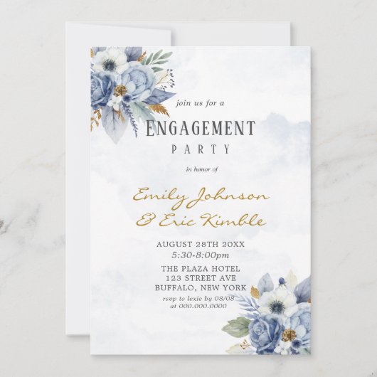 Dusty Navy Blue Gold Peony Engagement Party Kaart (Voorkant)