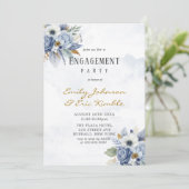 Dusty Navy Blue Gold Peony Engagement Party Kaart (Staand voorkant)