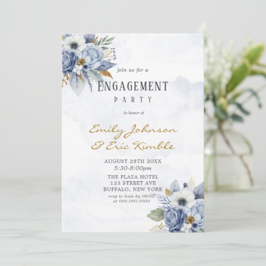 Dusty Navy Blue Gold Peony Engagement Party Kaart (Staand voorkant)