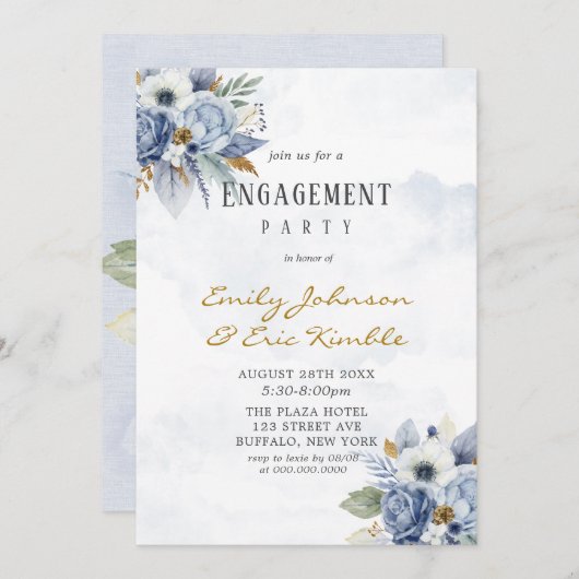 Dusty Navy Blue Gold Peony Engagement Party Kaart (Voorkant / Achterkant)