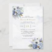 Dusty Navy Blue Gold Peony Waterverf Chic Wedding Kaart (Voorkant)