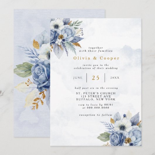 Dusty Navy Blue Gold Peony Waterverf Chic Wedding Kaart (Voorkant / Achterkant)